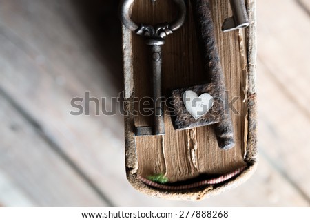 Love, valentine concept. Old keys and inscription. Soft focus.