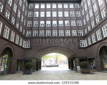 Courtyard of the Chile House. The Chilehaus (Chile House) is a ten-story office building in Hamburg, Germany.