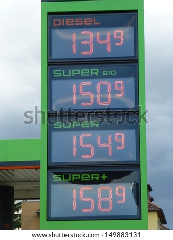 Hannover, Germany 13./08./2013 Current gasoline prices at a gas station in Hanover.