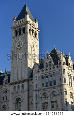 The Clock and Bells Tower of the Old Post Office Building in Washington DC, United States