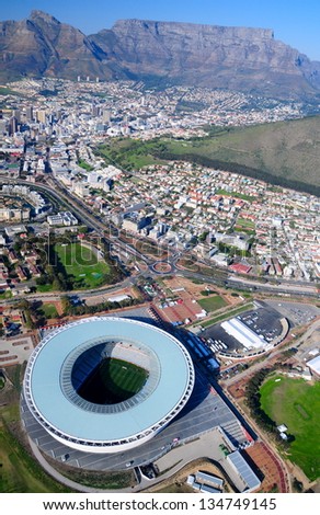 Aerial view of Green Point stadium and downtown of Cape Town, South Africa