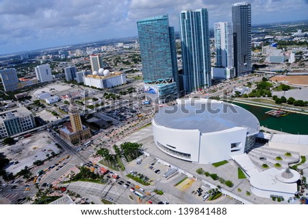 MIAMI - OCTOBER 25: Aerial view of the American Airlines Arena on October 25, 2010 in Miami, Florida. It  opened on December 31st, 1999 and is home to the Miami Heat (NBA). It has a capacity of 19600.