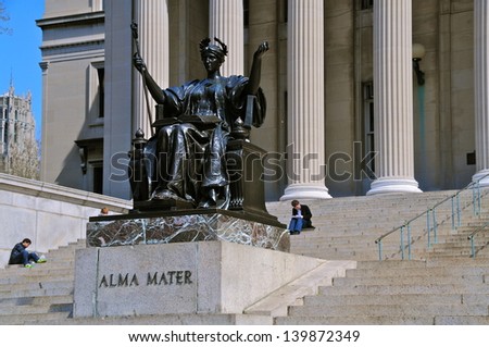 NEW YORK CITY-APRIL 9: Columbia University Library and statue of Alma Mater, New York,NY,on April 9, 2012. It is the oldest institution of higher learning in the state of NY, the 5th oldest in the USA