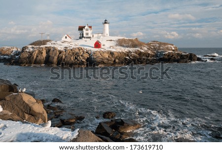 Nubble Lighthouse after a Winter Storm, Cape Neddick, York, Maine, USA