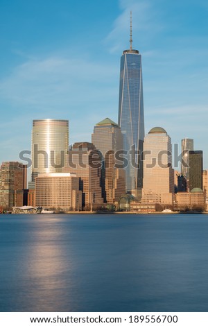 Lower Manhattan skyline at Sunset as seen from Exchange Place, New Jersey