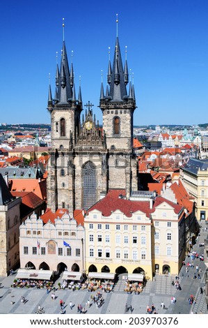 PRAGUE,CZECH REPUBLIC - JUNE 13:The Church of Mother of God in front of Tyn in Prague,Czech Republic on june 13,2009.The church\'s towers are 80 m high and topped by four small spires.