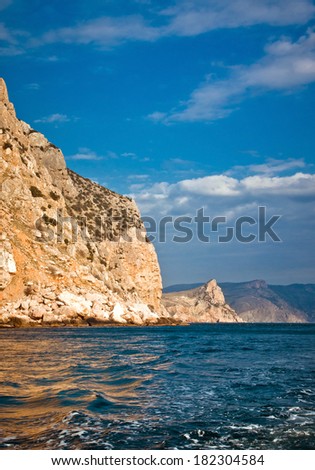 Marine sunny landscape, mountains