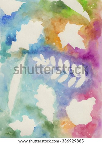 Abstract watercolor hand painted background with autumn leafs