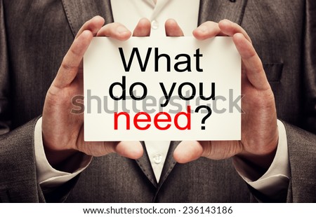 What Do You Need? Businessman holding a card with a question text written on it