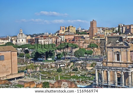 Roman forum background in Rome, view from Palatine hill