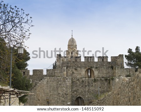 View on the tower of Dormition Abbey and Jerusalem Walls, Jerusalem, Israel.