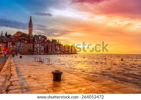 Beautiful sunset at Rovinj in Adriatic sea coast of Croatia, Europe. This image make HDR technique