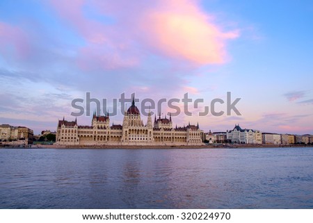 The Hungarian Parliament building at sunset, Budapest, Hungary