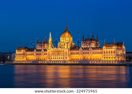 The Hungarian Parliament building at sunset, Budapest, Hungary