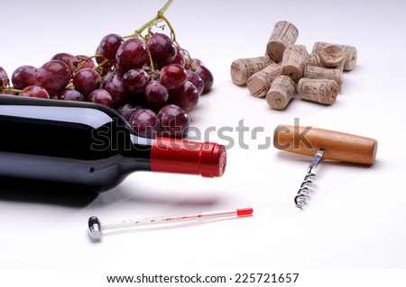 bottle of wine with corkscrew and grape leaves on a white background