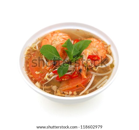 Shrimp, vegetable Sour and Sweet Soup isolated on white