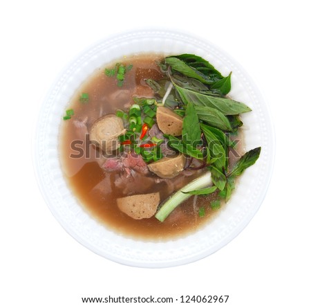 Vietnamese food , rice noodle soup with sliced rare beef and meat ball
