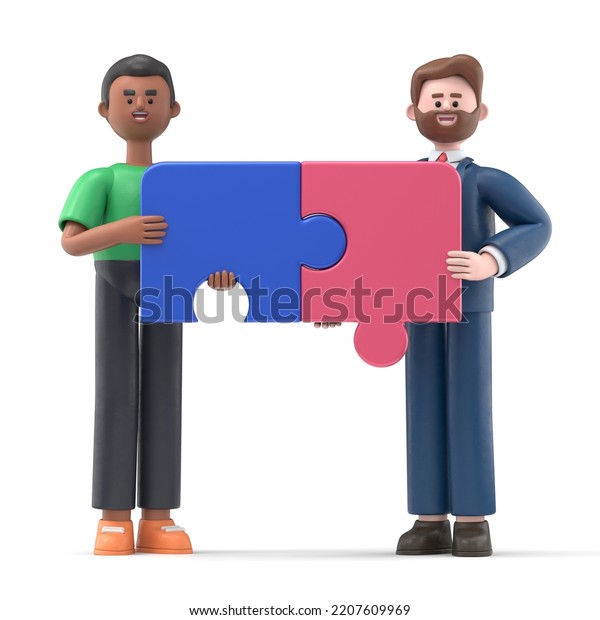 D Illustration Cartoon Characters Connecting Puzzle Stock Illustration