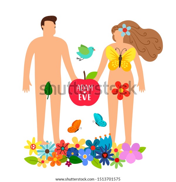 Adam And Eve Bible Genesis Illustration With Naked Woman Man Flowers
