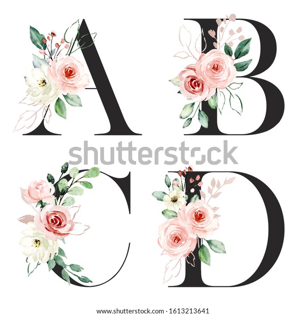 Alphabet Floral Letters Set With Watercolor Flowers Pink Roses And Leaf Monogram Initials