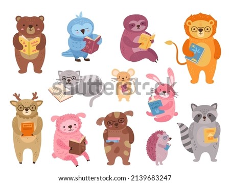 Animals reading. Wild animal read book, funny school study characters. Childish cartoon literature, isolated kids friends exact clipart