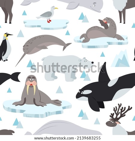 Arctic animals pattern. Children animal antarctic print, north polar wildlife background. Nordic ocean whale, seal on ice decent seamless texture
