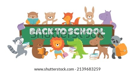 Back to school animal banner. Animals with books and backpacks near chalkboard. Isolated wild and forest characters