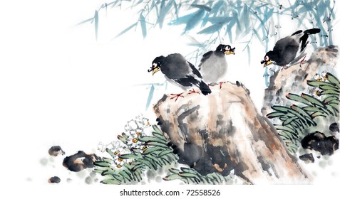 Bamboo Chinese Ink Wash Painting Stock Illustration