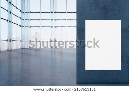 Blank white poster on dark stone wall in empty spacious hall for presentation with industrial style glass walls and concrete floor. 3D rendering, mock up