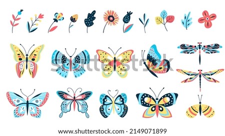 Butterflies and flowers. Isolated branch, flower and butterfly. Dragonfly, flying insects and natural elements. Summer spring season kit