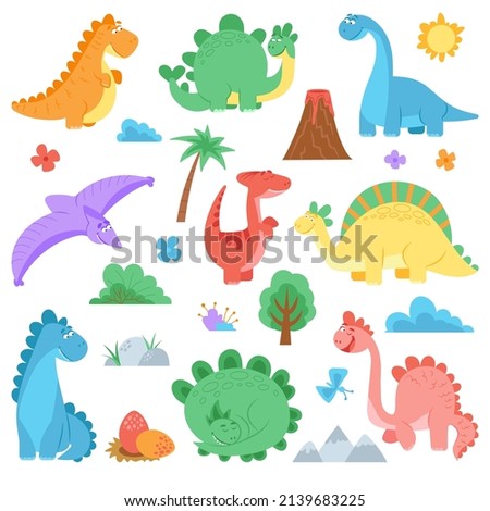 Cartoon dinosaur. Cute colors dino, dinosaurs wildlife animals. Predator funny characters. Childish dragons volcano palms decent set