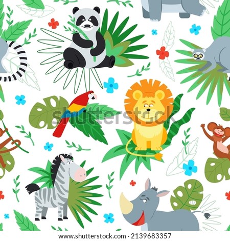 Cartoon jungle animal print. Animals pattern, safari background. Cute wild lion monkey panda parrot. Tropical childish decent texture
