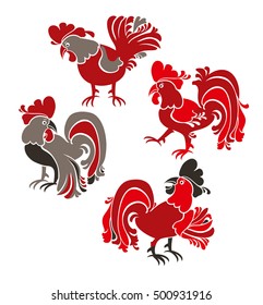 Cartoon Roosters Isolated On White Background Stock Illustration