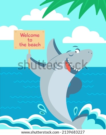 Cartoon shark poster. Sharks typography, kids prints or baby book cover. Cute beach graphics, summer vacation. Ocean animal decent banner