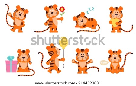 Cartoon tiger. Striping red little tigers, funny children wild characters. Isolated new year emblem celebration, funny animal wit balloon decent set