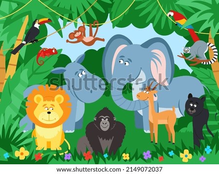 Cartoon tropical animals. Wildlife zoo animal, jaguar parrot in jungle leaf. Cute elephant, monkey in rainforest. Wild characters decent poster