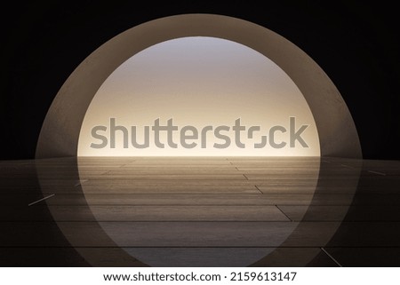 Contemporary abstract dark round exit or entrance sphere with light, reflections and mock up place. Tile floor. 3D Rendering