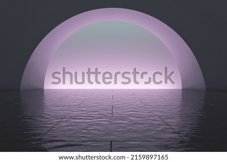 Contemporary abstract dark round exit or entrance sphere with light, reflections and mock up place. Creative water ripple tile floor. 3D Rendering