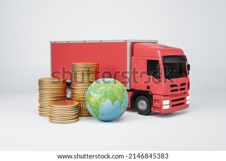 Creative image with red transportation truck, globe and stacked coins on white background. Delivery and logistics crisis. 3D Rendering