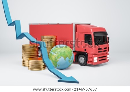 Creative image with red transportation truck, falling blue arrow, globe and stacked coins on white background. Delivery and logistics crisis. 3D Rendering
