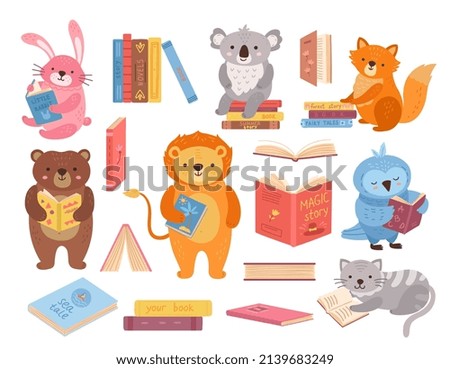 Cute animals with books. Animal read, book stacks. School study characters, bird rabbit bear in library. Children education exact set