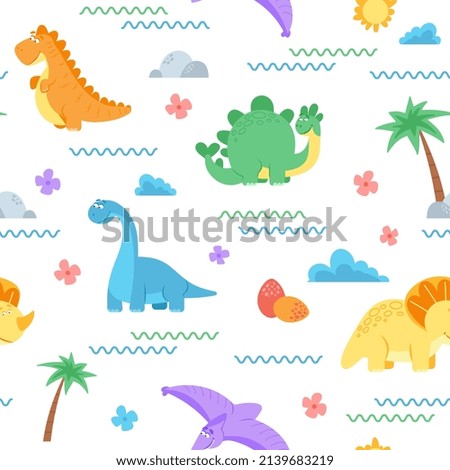 Cute dinosaur pattern. Dino surface, dinosaurs kids fashion textile print. Newborn cloth, adorable animals textile decent seamless texture