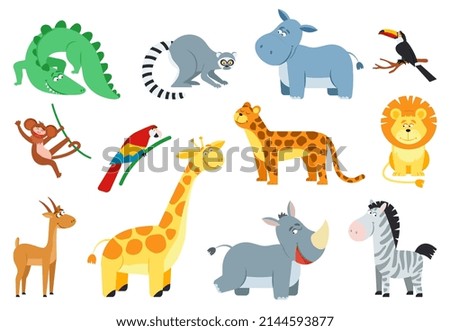 Cute jungle animal. Cartoon african animals, monkey zebra lion. Safari baby child zoo, savanna wildlife. Isolated flat exotic decent characters