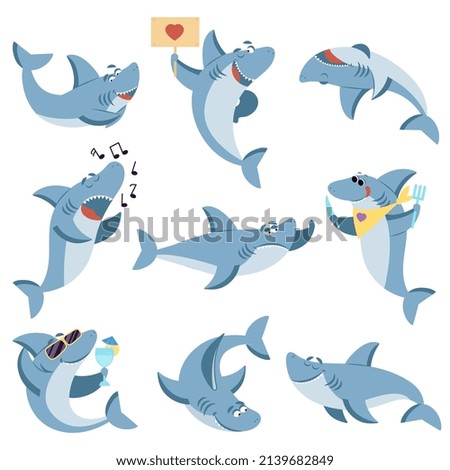 Cute sharks set. Ocean life, isolated shark scary. Underwater cartoon monster fish. Funny sea wild animal for baby kids decent characters