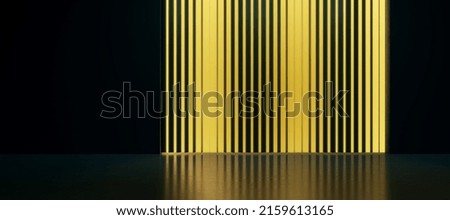Dark panoramic interior with golden light blinds wall and mock up place on black space. Presentation concept. 3D Rendering