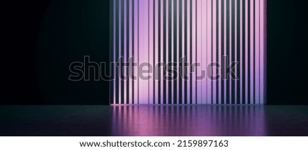 Dark panoramic interior with purple light blinds wall and mock up place on black space. Presentation concept. 3D Rendering