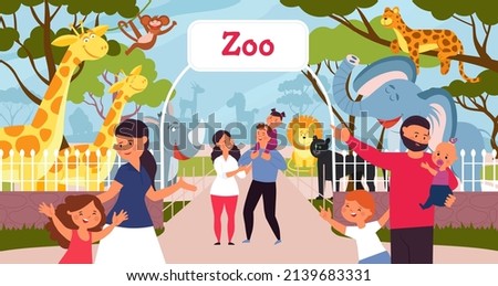 Family in zoo. Smiling cartoon kids, walking in park with parents. Safari in city, giraffe monkey elephant. Wild animal and people decent scene