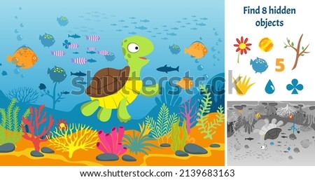 Find hidden objects. Puzzle game kids with fish. Underwater fun brain teaser looking different items. Swimming sea cartoon turtle picture