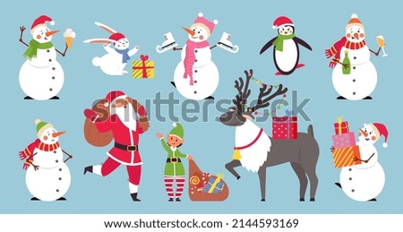 Flat cartoon christmas characters. Merry holiday, cute penguin, santa and elf. Adorable snowman and deer, kids new year decent elements