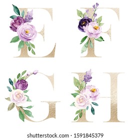 Floral Alphabet Gold Letters Set Watercolor Ilustraci N De Stock